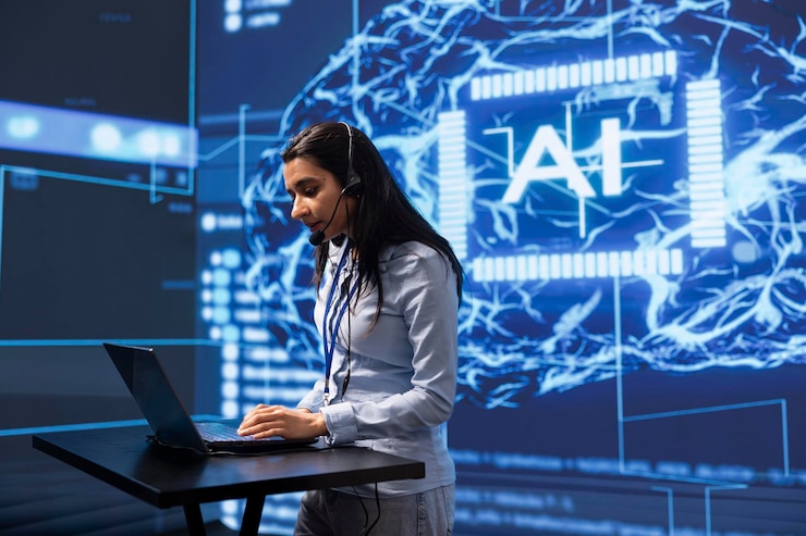 Foto técnico em espaço de trabalho de alta tecnologia de ia gerenciando tarefas de call center