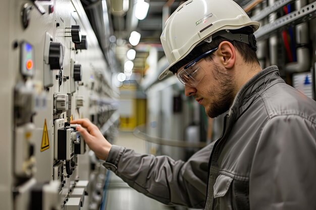 Un técnico enfocado en el equipo de seguridad ajusta los controles en un complejo panel eléctrico en una planta de fabricación