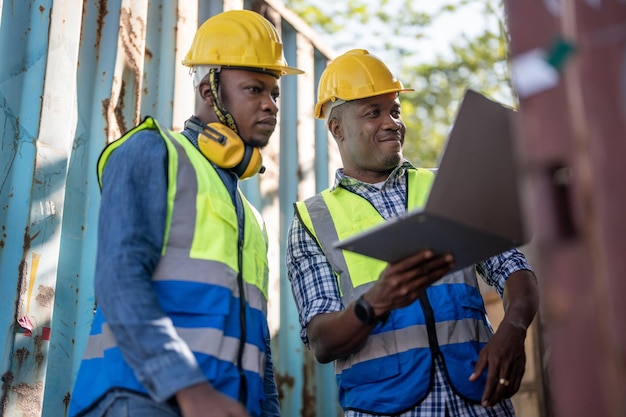 Técnico engenheiro de trabalhadores africanos segurando laptop para verificação e inspeção de contêineres no local