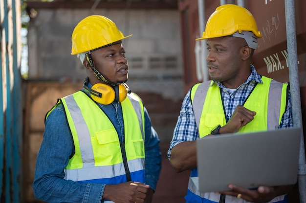 Técnico engenheiro de trabalhadores africanos segurando laptop para verificação e inspeção de contêineres no local