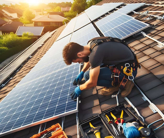 El técnico está instalando paneles solares en un techo residencial. Los paneles están en ángulo.