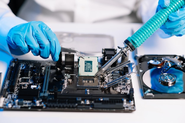 El técnico está poniendo la CPU en el enchufe de la placa base electrónica de la computadora