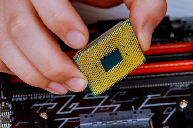 El técnico está poniendo la CPU en el zócalo de la placa base de la computadora