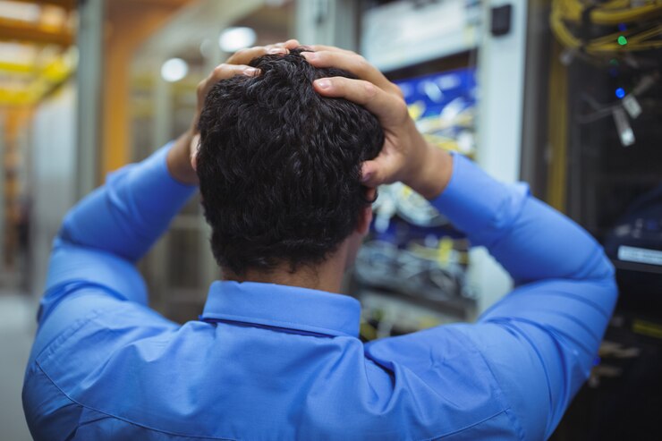 Foto técnico estresado trabajando en mantenimiento del servidor