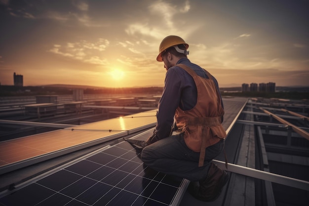 Técnico fazendo manutenção em painéis solares fotovoltaicos no telhado AI