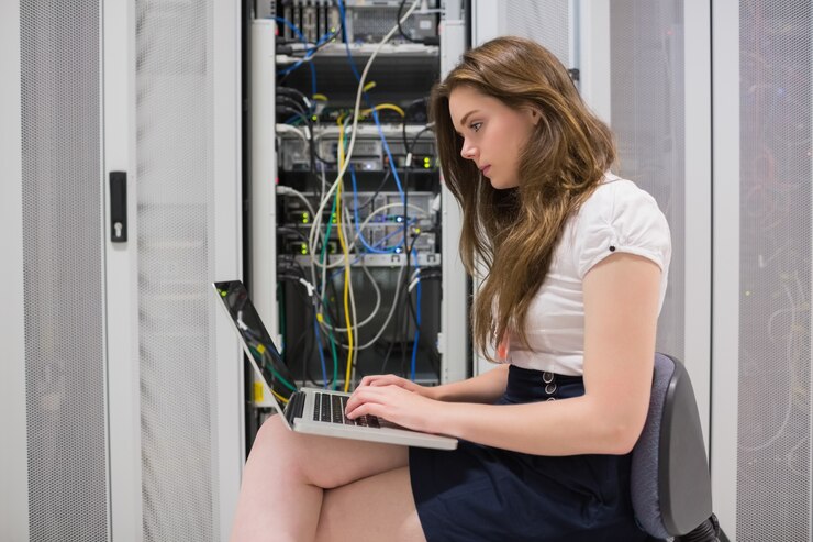 Foto técnico femenino haciendo almacenamiento de datos