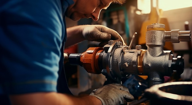 Técnico fontanero reparando el agua con llave inglesa