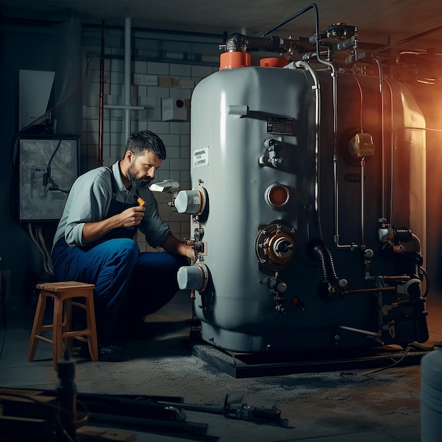 Técnico fontanero reparando el agua con llave inglesa