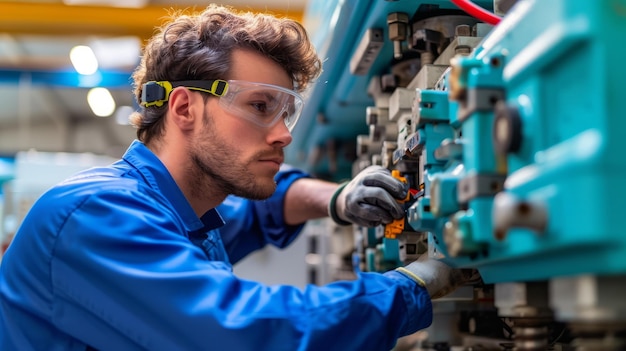 Foto técnico con gafas de seguridad inspeccionando la maquinaria en una fábrica