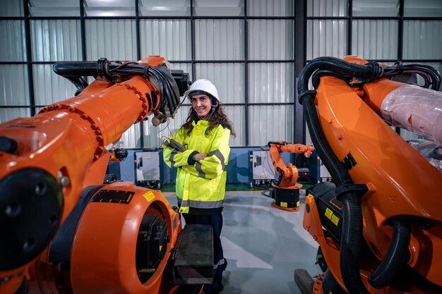 Técnico hábil posa con confianza entre brazos robóticos industriales en una instalación moderna