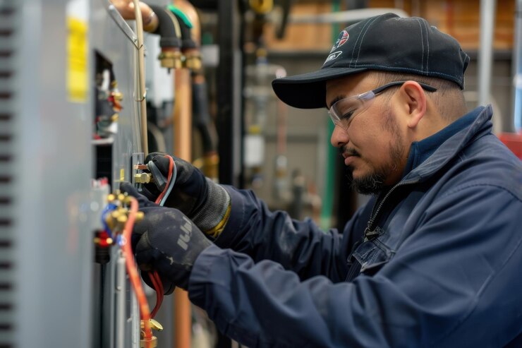 Un técnico de HVAC trabajando cuidadosamente en un sistema de calefacción industrial centrándose en el cableado y las conexiones