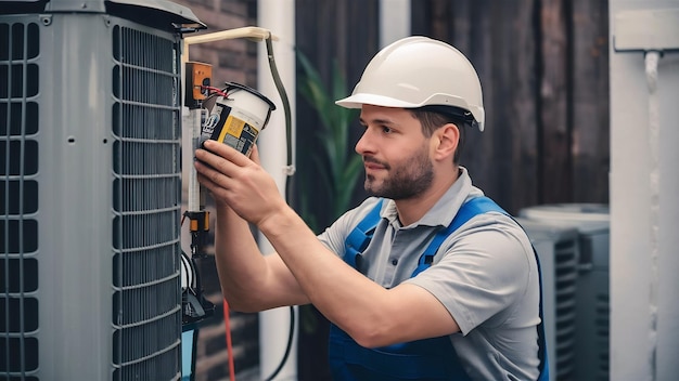 Técnico de Hvac trabajando en una parte del condensador para la unidad de condensación