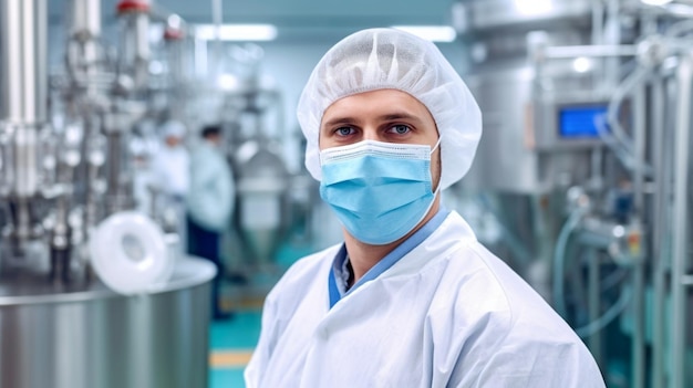 Técnico de IA generativa con mascarilla trabajando en una instalación farmacéutica