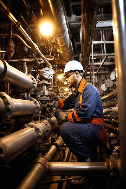 técnico industrial que comprueba las instalaciones de las tuberías de gas dentro de la refinería