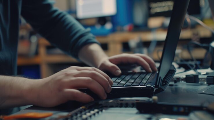 Foto un técnico informático está trabajando en un teclado de portátil en un taller de reparación