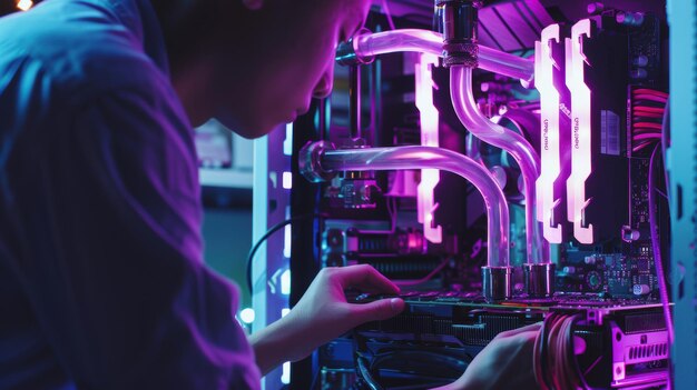 Técnico informático que instala componentes de alta gama en una computadora de juegos con sistema de refrigeración por agua