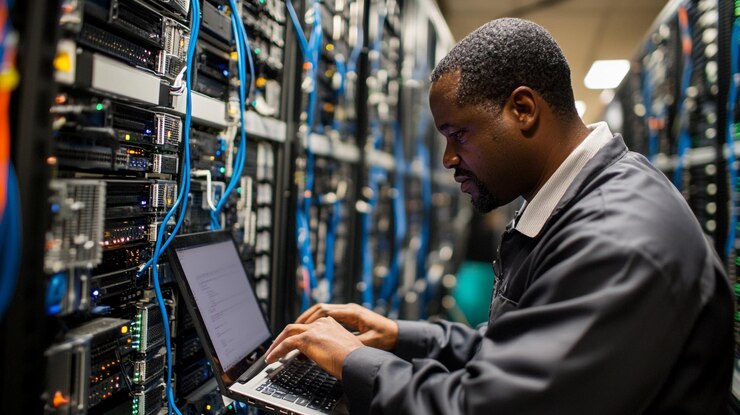 Técnico informático que trabaja en una sala de servidores con equipos de red y computadoras