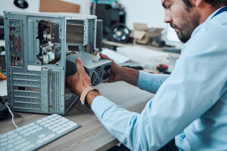 Foto técnico de ingeniería y hombre arreglando el hardware de una computadora en el taller o la tecnología de ti de la oficina y profesional masculino haciendo mantenimiento o reparaciones en microcircuitos o placa base en el lugar de trabajo