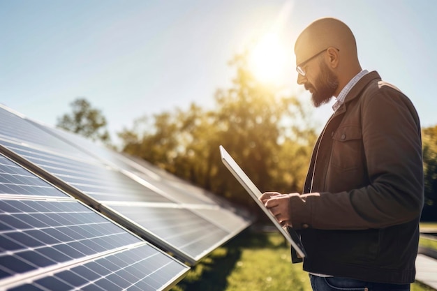 Técnico inspeccionando painéis solares