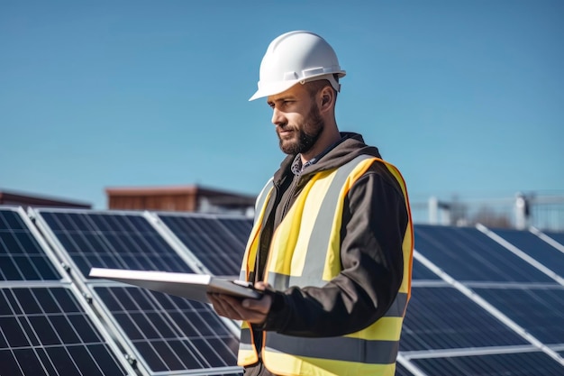 Técnico inspeccionando painéis solares