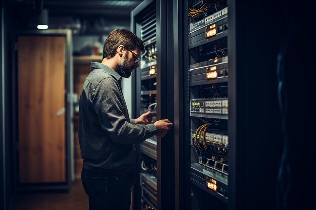 Foto técnico inspeccionando las unidades de alimentación ininterrumpida de ups montadas en el rack del servidor