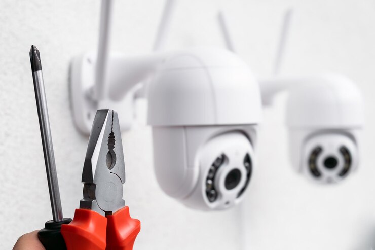 Foto técnico de instalación de cámara cctv con alicates y destornillador