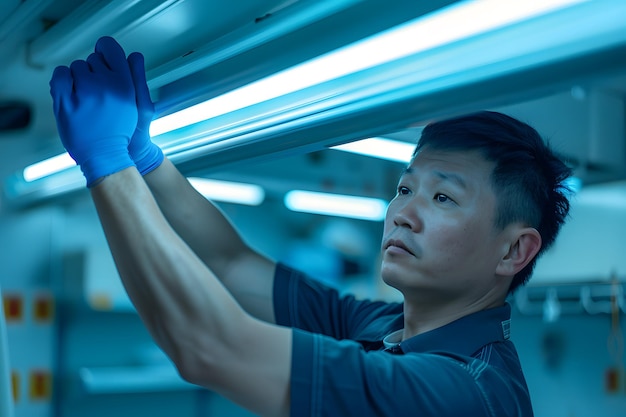 Técnico instalando iluminación en un espacio de trabajo moderno
