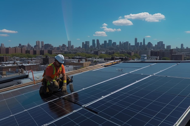 Técnico instalando painéis solares em um telhado sob um céu azul brilhante usando equipamento de segurança w