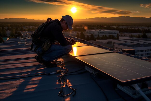 Técnico instalando painéis solares em um telhado sob um céu azul brilhante usando equipamento de segurança w