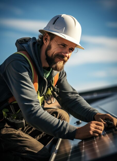 Técnico instalando painéis solares no telhado