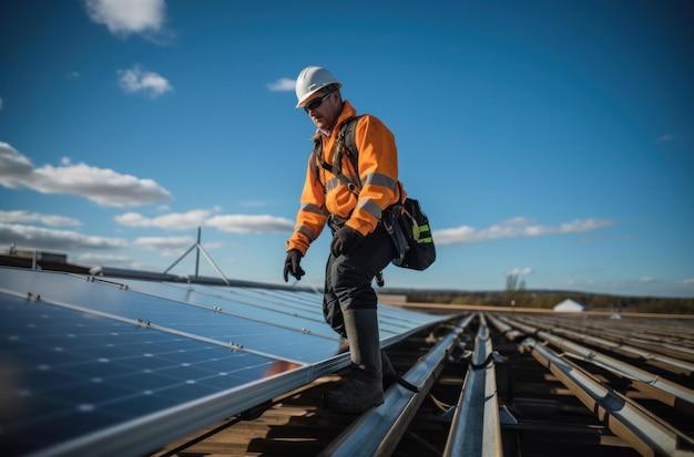 Técnico instalando painéis solares no telhado