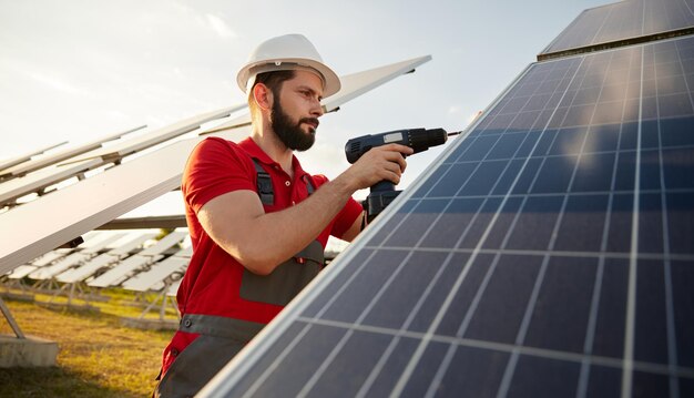 Técnico instalando panel solar en campo