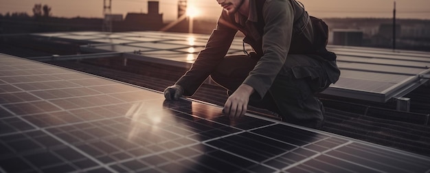 Técnico instalando paneles solares en el techo Generative Ai