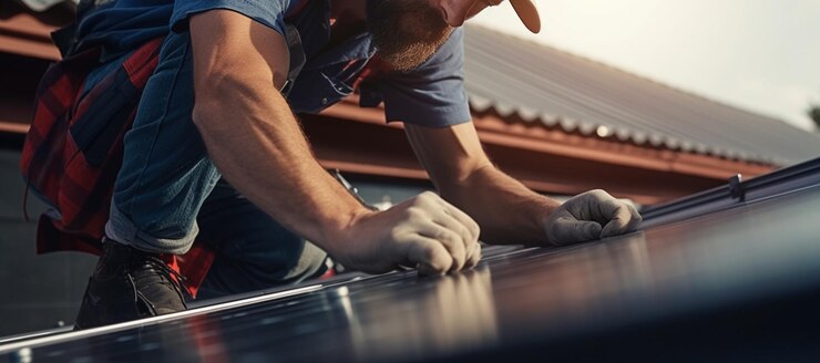 Técnico instalando paneles solares en el techo de una planta de energía solar