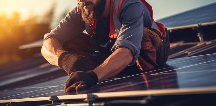Técnico instalando paneles solares en el techo de una planta de energía solar