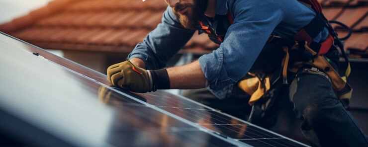 Técnico instalando paneles solares en el techo de una planta de energía solar
