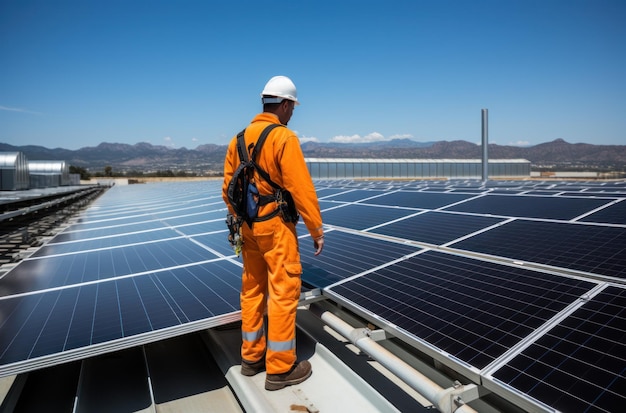 Técnico instalando paneles solares en el tejado