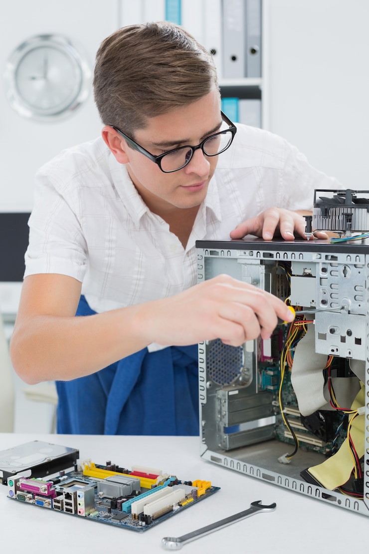 Foto técnico joven que trabaja en la computadora quebrada