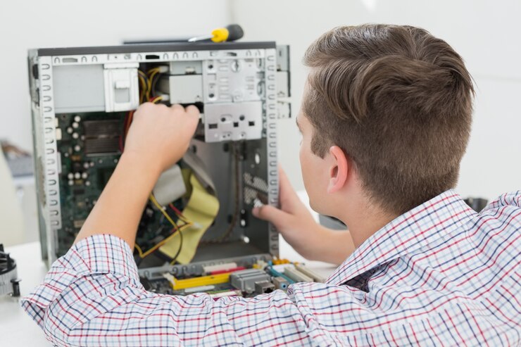 Foto técnico joven que trabaja en la computadora quebrada