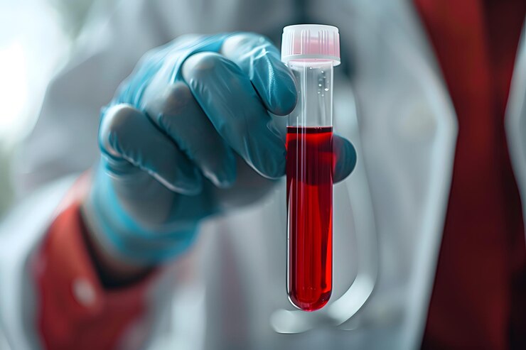 Técnico de laboratorio con una muestra de sangre en un tubo de ensayo