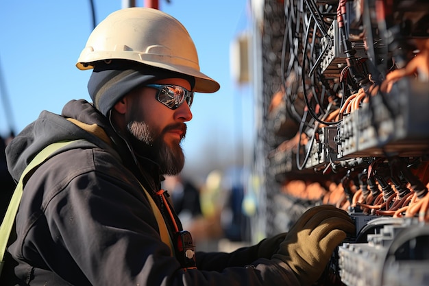 Foto técnico de líneas eléctricas de alta tensión un técnico trabaja en líneas eléctricas a grandes alturas asegurando el suministro de electricidad generado con ia