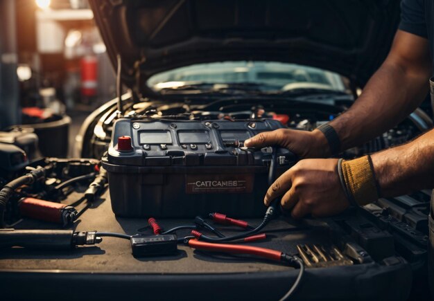 Foto técnico manos de mecánico de automóviles trabajando en la reparación de automóviles servicio de batería eléctrica