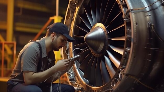 Técnico de mantenimiento de aeronaves trabajando en turbina IA generativa