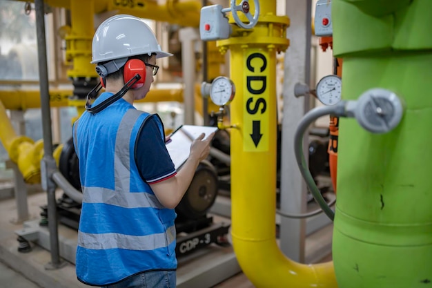 Técnico de mantenimiento en una planta de calefacción Trabajadores petroquímicos supervisan el funcionamiento de gasoductos y oleoductos en la fábrica Los ingenieros colocan protector auditivo en una habitación con muchas tuberías