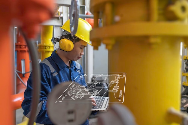 Técnico de mantenimiento en una planta de calefacción Trabajadores petroquímicos supervisan el funcionamiento de gasoductos y oleoductos en la fábricaLos ingenieros colocan protector auditivo En una habitación con muchas tuberías