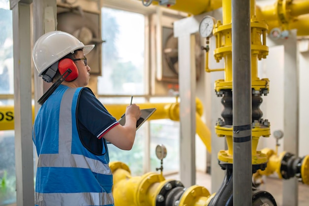 Técnico de mantenimiento en una planta de calefacción Trabajadores petroquímicos supervisan el funcionamiento de gasoductos y oleoductos en la fábricaLos ingenieros colocan protector auditivo En una habitación con muchas tuberías