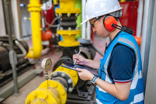 Foto técnico de mantenimiento en una planta de calefacción trabajadores petroquímicos supervisan el funcionamiento de gasoductos y oleoductos en la fábricalos ingenieros colocan protector auditivo en una habitación con muchas tuberías