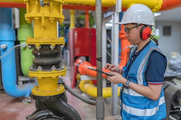 Foto técnico de mantenimiento en una planta de calefacción trabajadores petroquímicos supervisan el funcionamiento de gasoductos y oleoductos en la fábricalos ingenieros colocan protector auditivo en una habitación con muchas tuberías