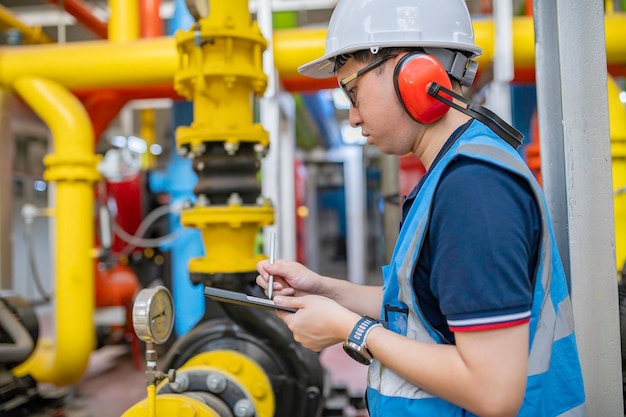 Técnico de mantenimiento en una planta de calefacción Trabajadores petroquímicos supervisan el funcionamiento de las tuberías de gas y petróleo en la fábrica Los ingenieros ponen protector auditivo en una habitación con muchas tuberías