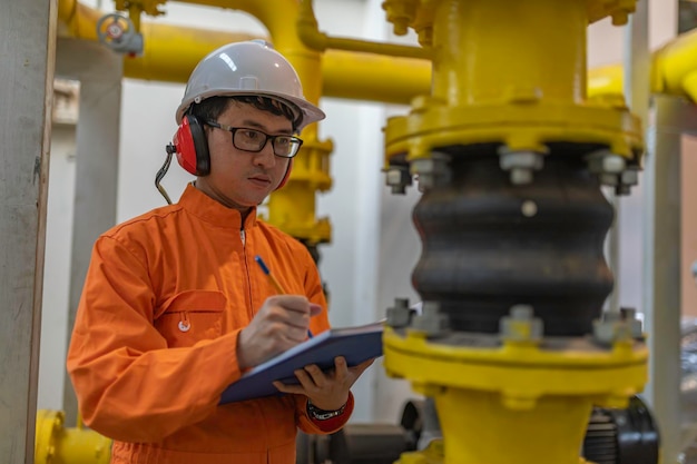 Técnico de mantenimiento en una planta de calefacción Trabajadores petroquímicos supervisan la operación de tuberías de gas y petróleo en la fábrica Los ingenieros ponen protector auditivo en una habitación con muchas tuberías